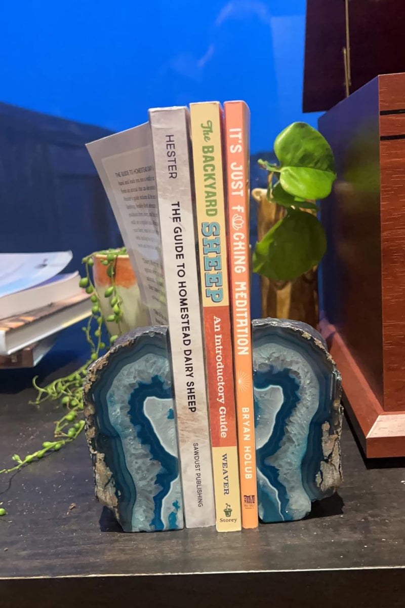 AMOYSTONE Blue Agate Stone Bookends, Heavy Sturdy Bookends for Heavy Books, Rock Crystal Book Holder, 6-8 LBS, Decorative Bookends for Home Office Desk, Perfect Housewarming Gift - Image 3
